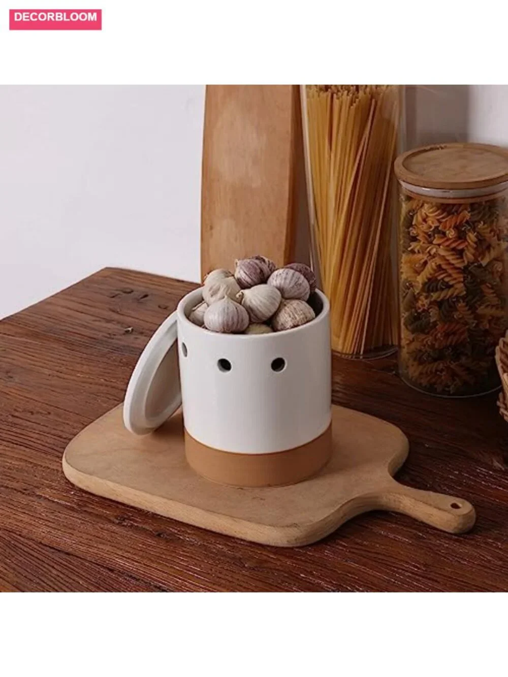 Ceramic Garlic Keeper with Lid, White Round Canister for Countertop Food Storage